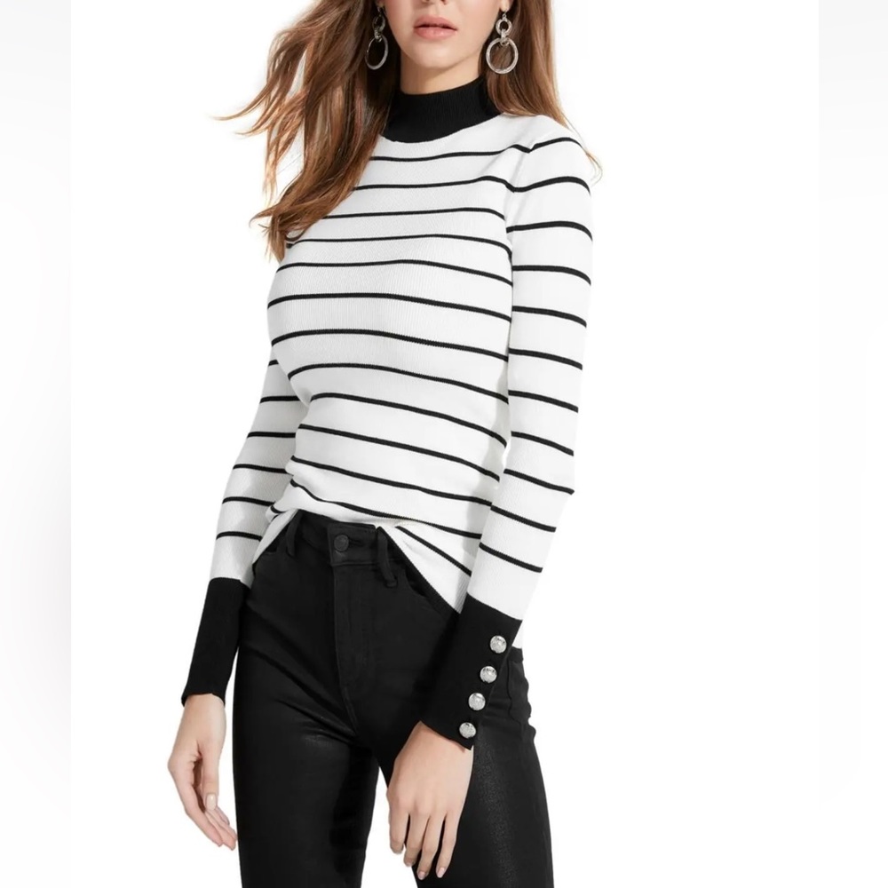 Guess Women's White & Black Striped Sweater With Button  Accent Detail / Large
